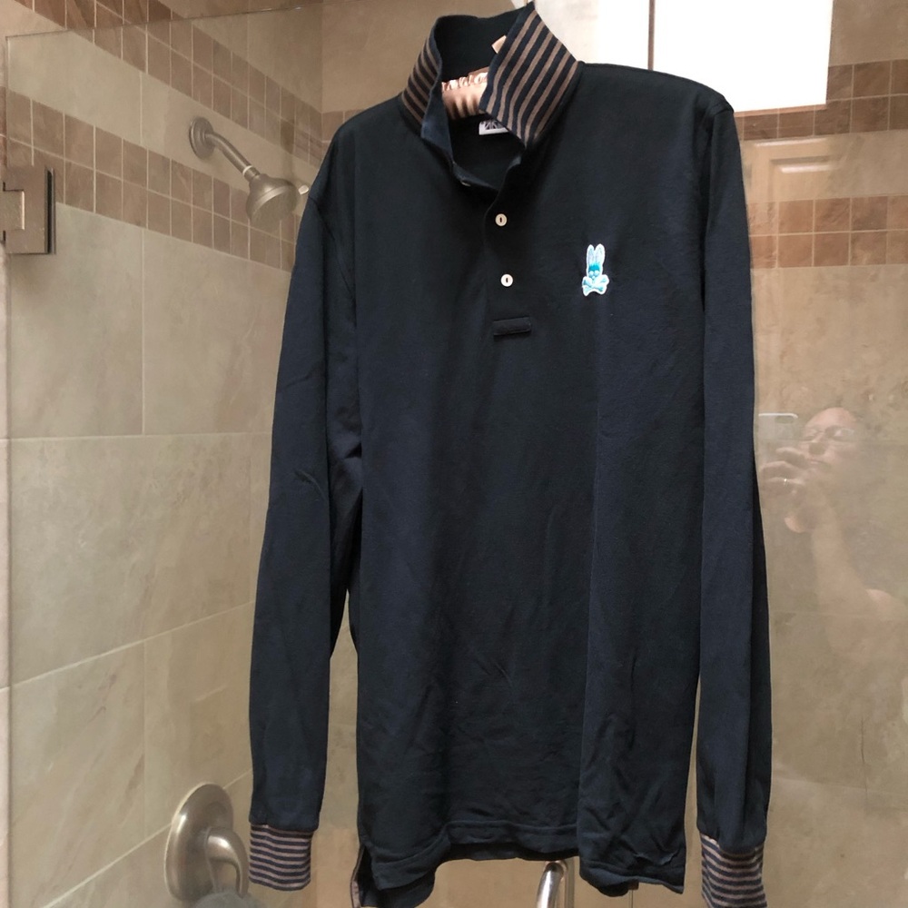 Psycho Bunny Black Long Sleeve Polo with Striped Collar